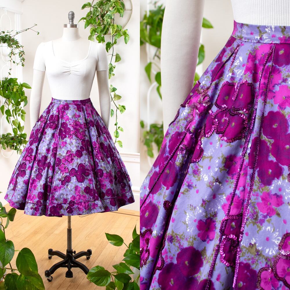 Vintage 1950s Circle Skirt 50s Sequin Floral Purple Cotton Swing Skirt